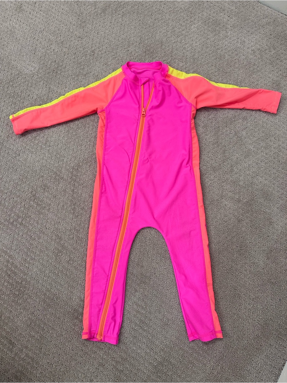 Girls SwimZip Sunsuit Long Sleeve Romper Swimsuit in Neon Pink/Orange 3T/4T